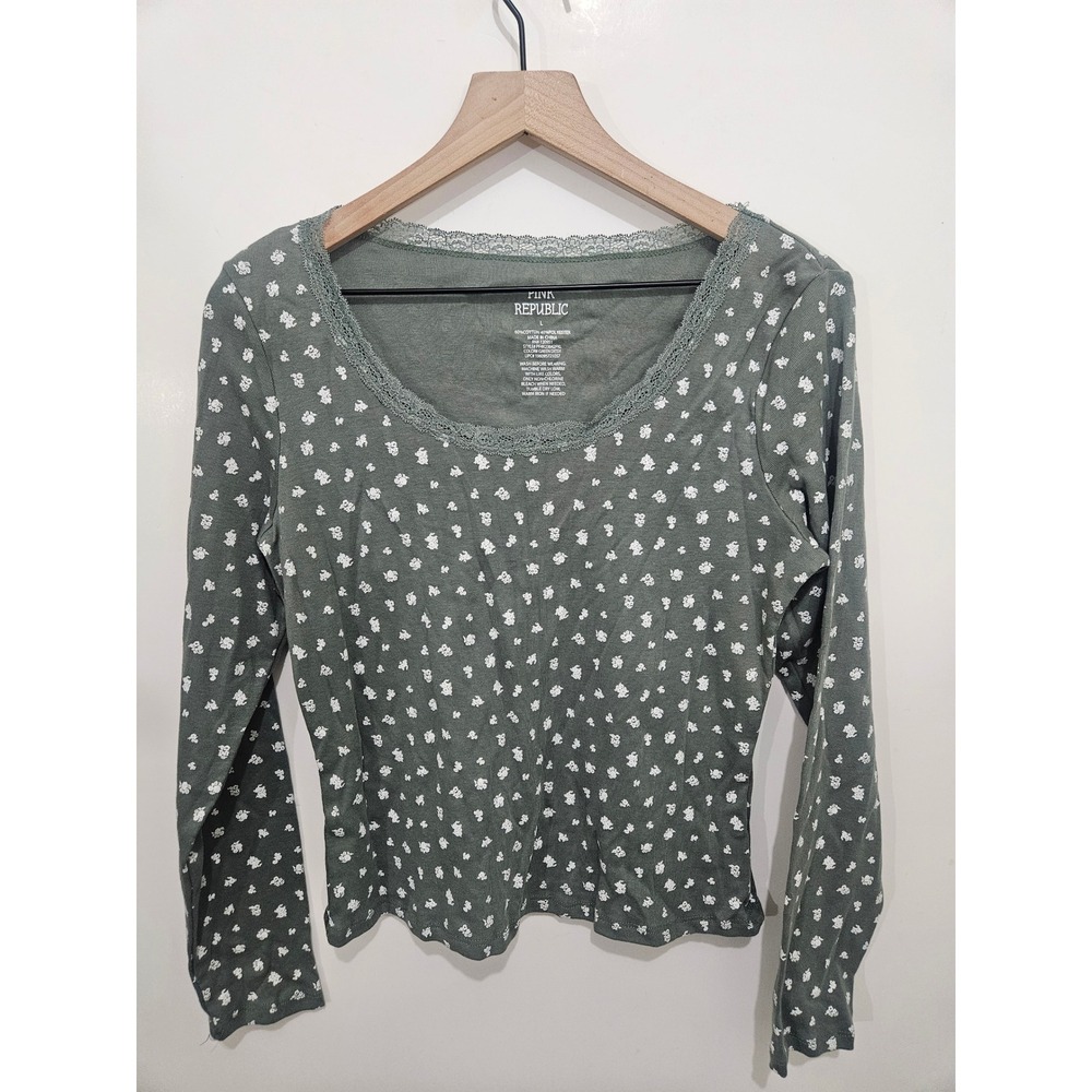 Pink Republic Green Floral Lace Trim Ribbed Long‎ Sleeve Top Large PF4K23642PKL